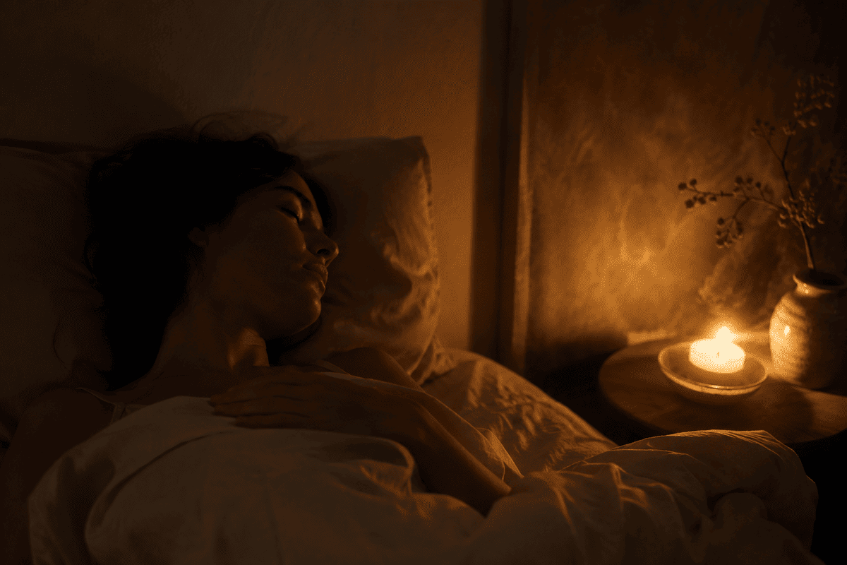 Femme allongée dans un lit douillet pratiquant la respiration 4-7-8, main posée sur la poitrine, bougie allumée sur la table de chevet