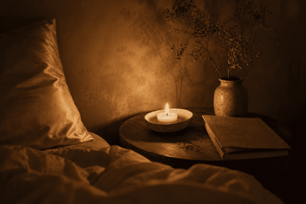 Bougie allumée sur une table de chevet en bois avec un vase en céramique et des fleurs séchées, ambiance tamisée d'un rituel du soir