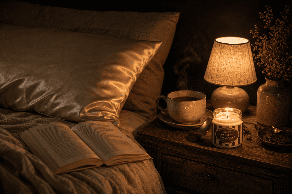 Rituel du soir sans écran avec bougie allumée, livre et infusion pour préserver le sommeil