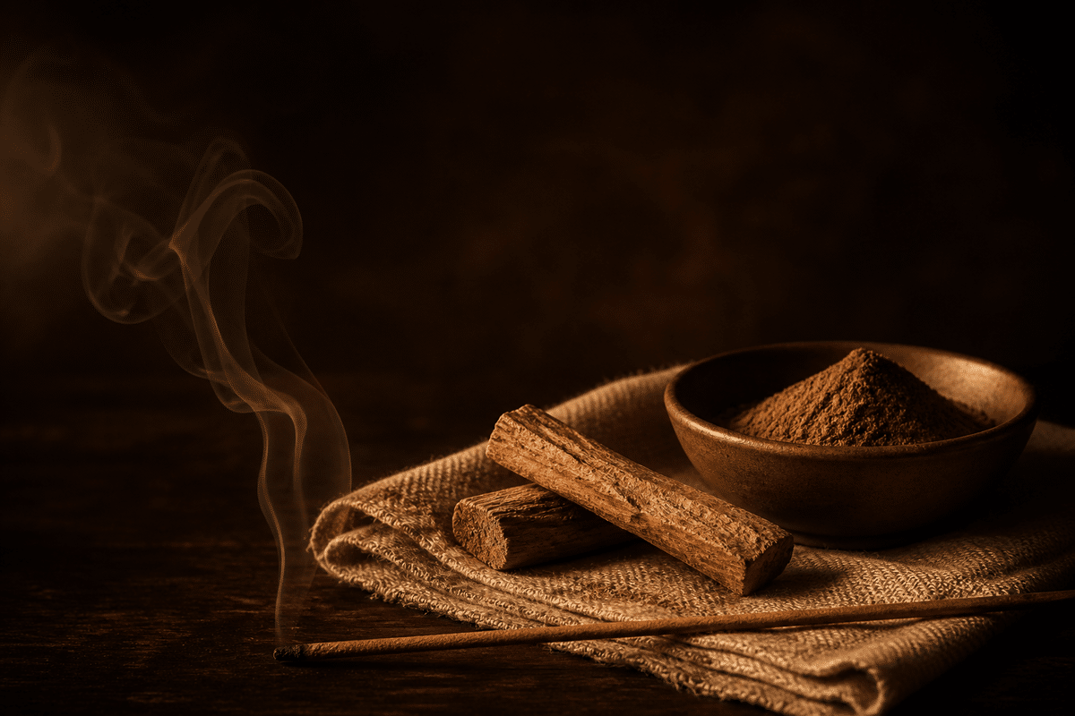 Morceaux de santal, poudre dans un bol et bâton d'encens fumant sur toile de jute, ambiance méditative de fin de soirée