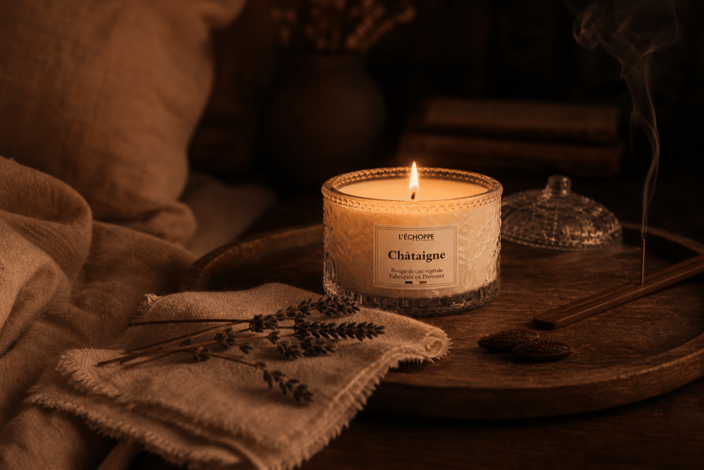 Bougie L'Échoppe Buissonnière, lavande et fève tonka : senteurs et sommeil dans un rituel du soir