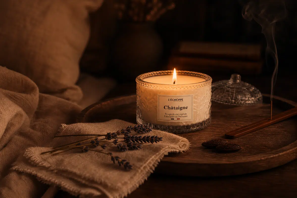 Bougie L'Échoppe Buissonnière, lavande et fève tonka : senteurs et sommeil dans un rituel du soir