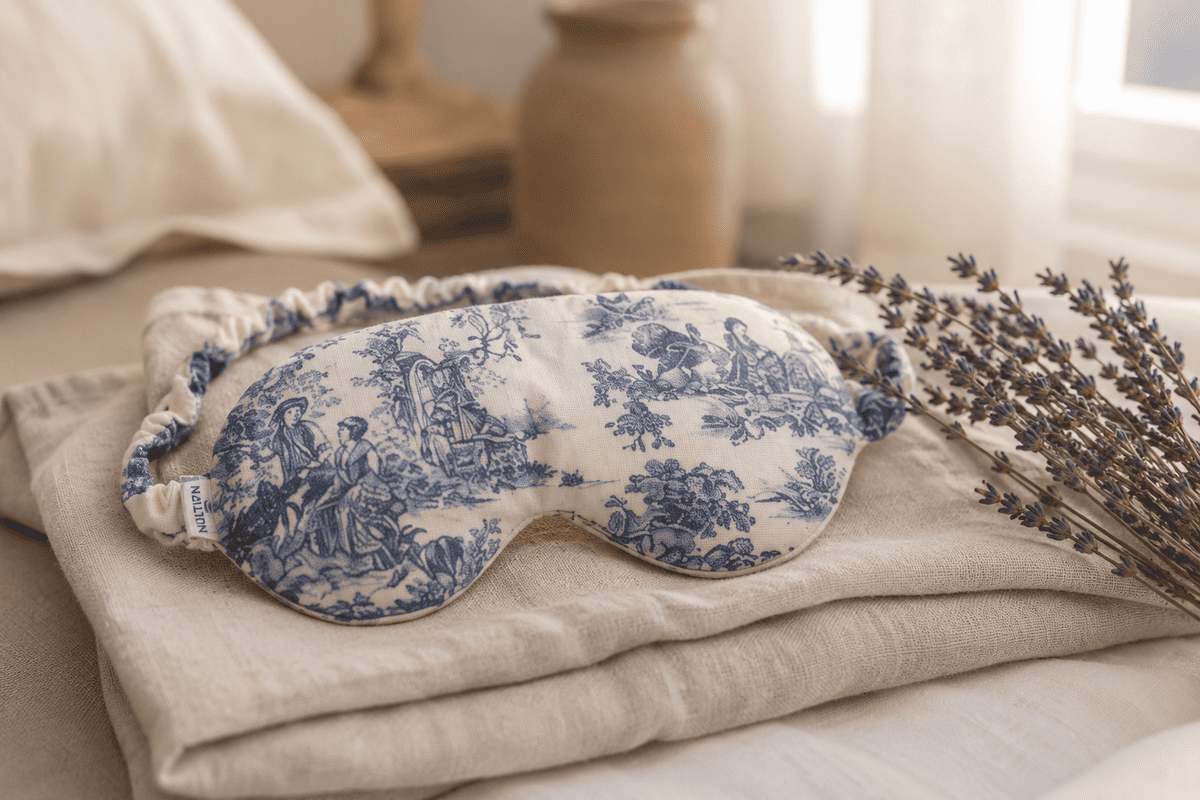 Masque chaud froid en lin et lavande posé sur un tissu écru