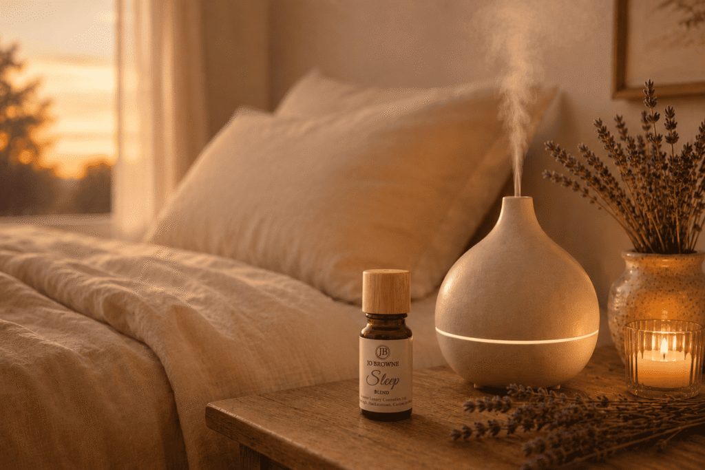 Flacon Jo Browne Sleep et diffuseur d'huile essentielle pour dormir sur une table de chevet avec lavande