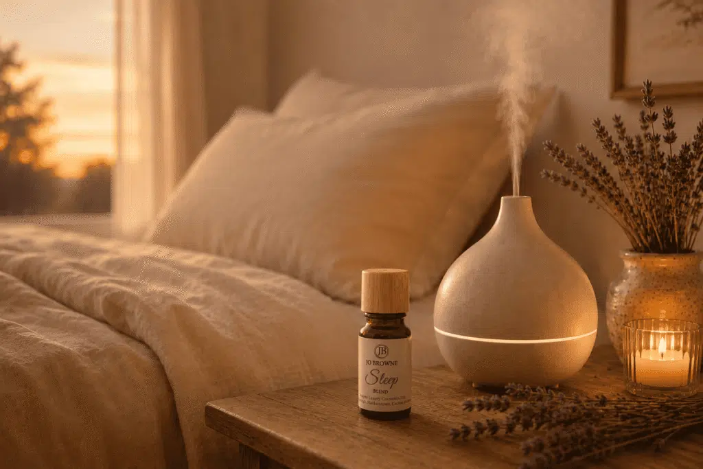 Flacon Jo Browne Sleep et diffuseur d'huile essentielle pour dormir sur une table de chevet avec lavande