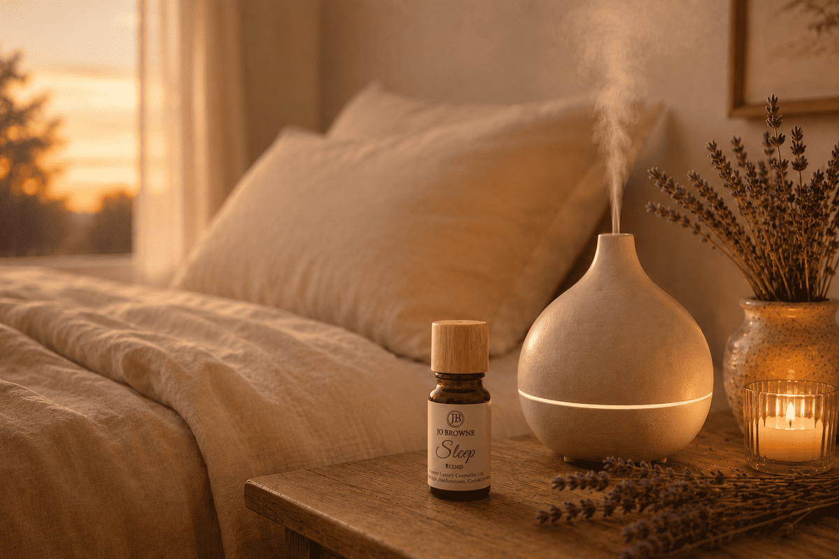 Flacon Jo Browne Sleep et diffuseur d'huile essentielle pour dormir sur une table de chevet avec lavande