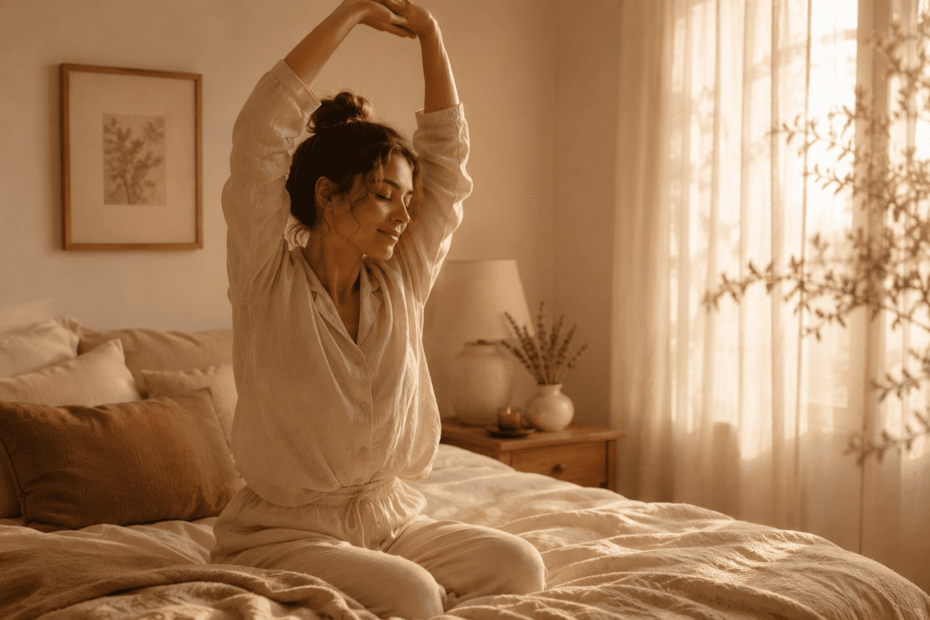 Femme reposée s'étirant au réveil après une nuit réparatrice, matin lumineux et apaisé