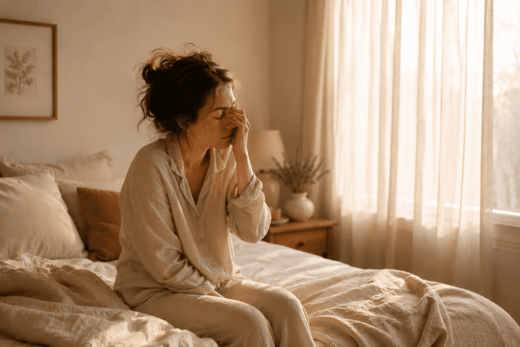Je me réveille fatigué : femme assise au bord du lit, la main sur le visage, dans la lumière pâle du matin