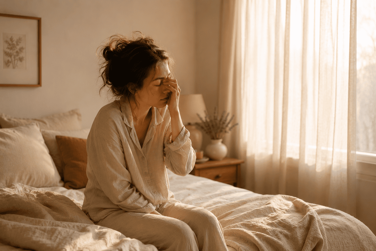 Je me réveille fatigué : femme assise au bord du lit, la main sur le visage, dans la lumière pâle du matin