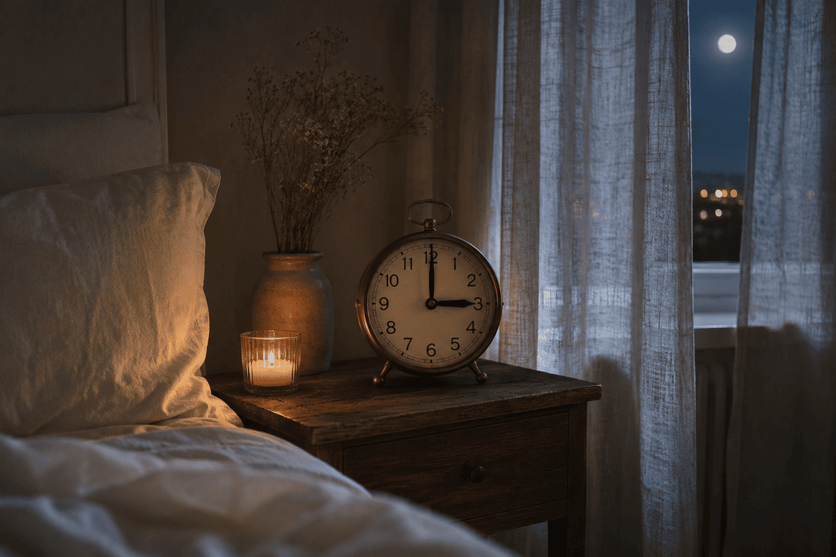 Réveil nocturne signification des heures : réveil affichant 3h du matin sur une table de nuit dans une chambre paisible