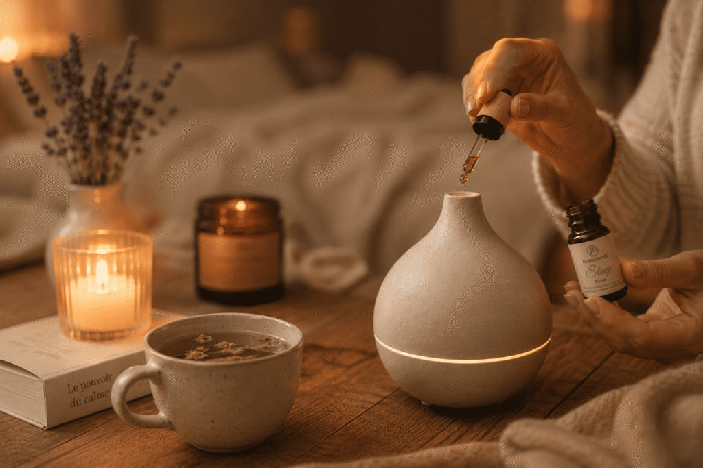 Gouttes d'huile essentielle versées dans un diffuseur lors du rituel du soir