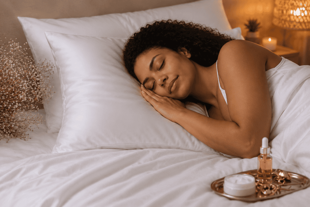 Femme aux cheveux bouclés dormant paisiblement sur une taie d'oreiller douce, cheveux préservés des frottements