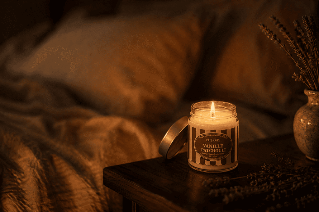 Bougie dans la chambre allumée sur une table de chevet en bois, lumière ambrée tamisée