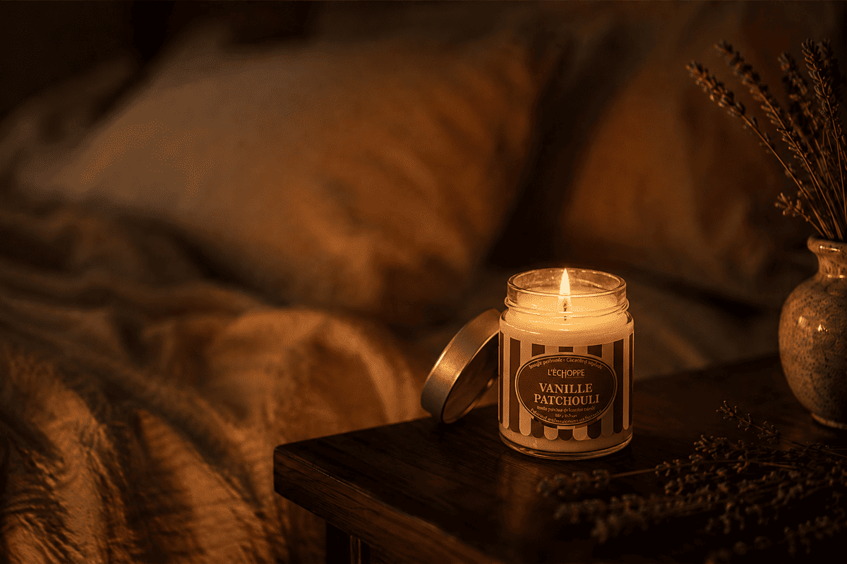 Bougie dans la chambre allumée sur une table de chevet en bois, lumière ambrée tamisée