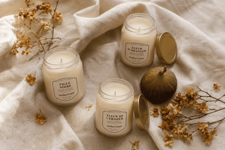 Trois bougies parfumées Atelier Louis, figue noire, fleur d'oranger et fleur de cerisier, posées sur du lin froissé