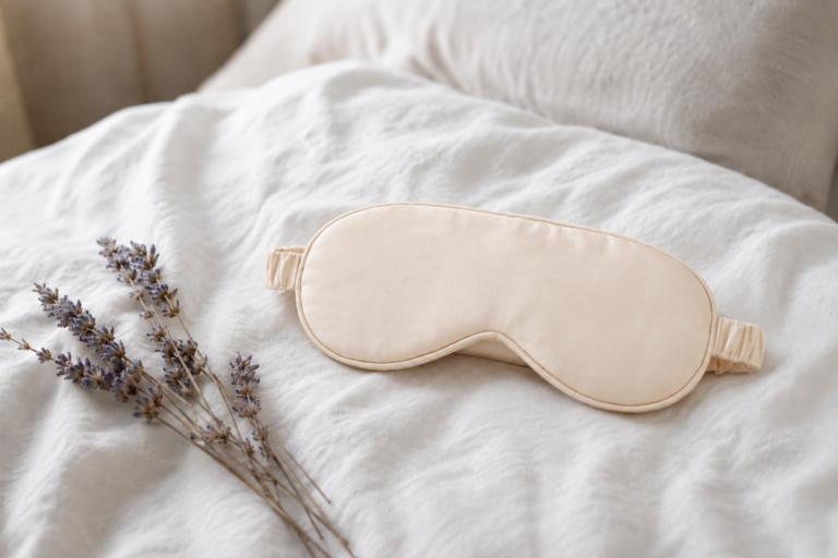 Masque de nuit en bambou blanc écru posé sur une taie en lin froissé, à côté de quelques brins de lavande séchée