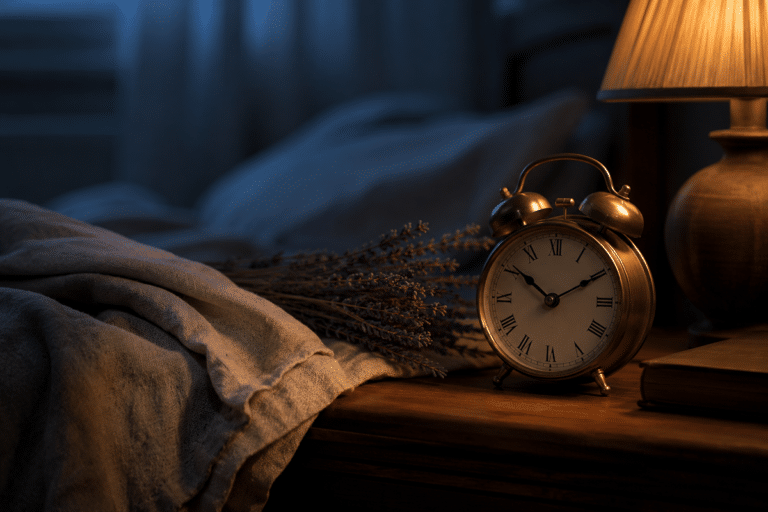 Réveil et linge de lit sur une table de nuit, illustration du plan progressif sur dix soirs avant la rentrée