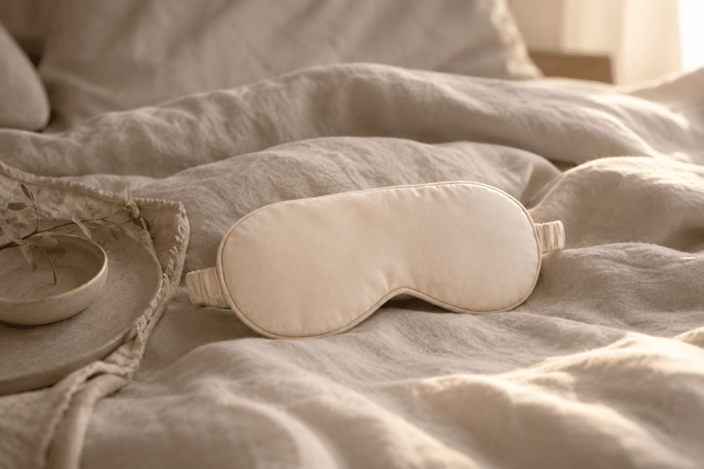 Quel masque de nuit choisir, masque en bambou écru posé sur un drap en lin froissé