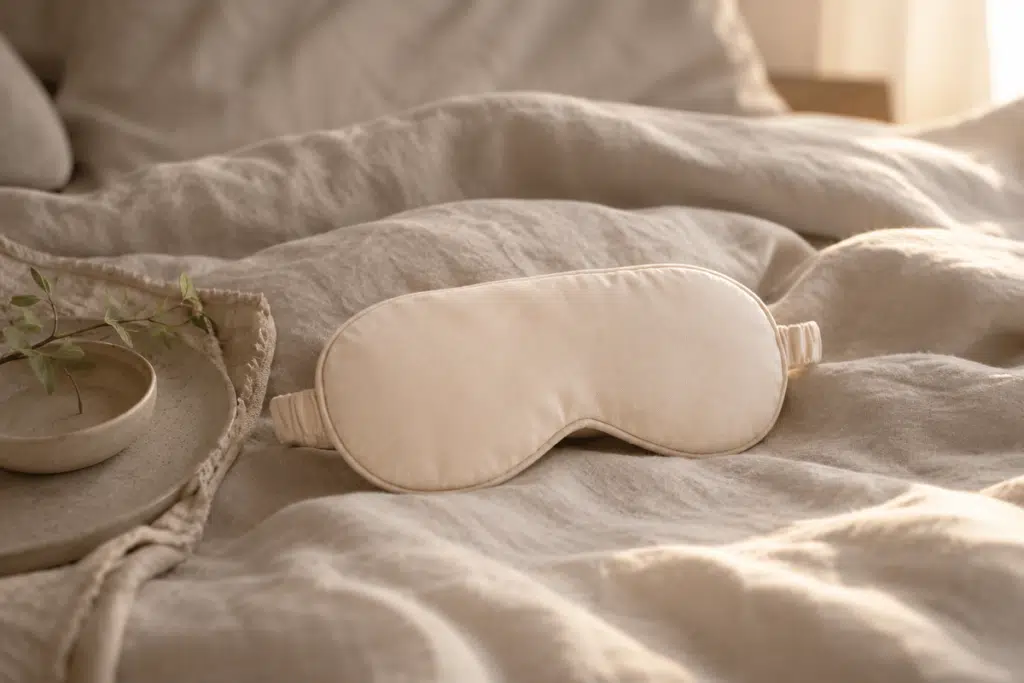 Quel masque de nuit choisir, masque en bambou écru posé sur un drap en lin froissé