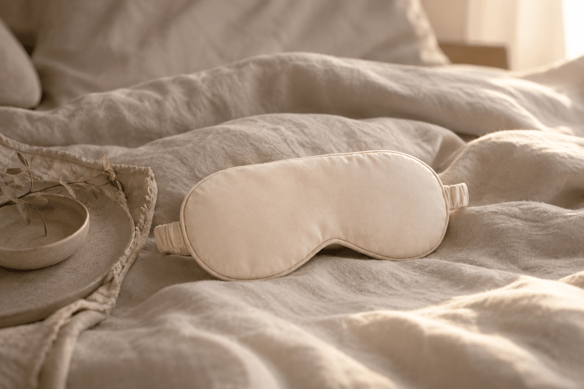 Quel masque de nuit choisir, masque en bambou écru posé sur un drap en lin froissé