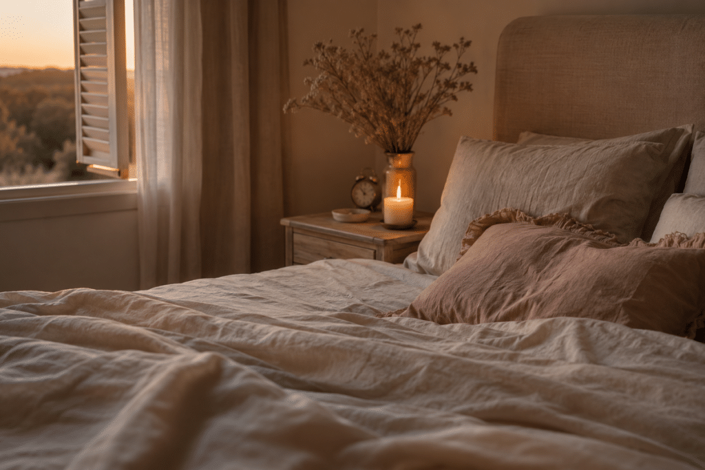 Chambre baignée d'une lumière douce de fin d'été, propice au recalage du rythme de sommeil avant la rentrée