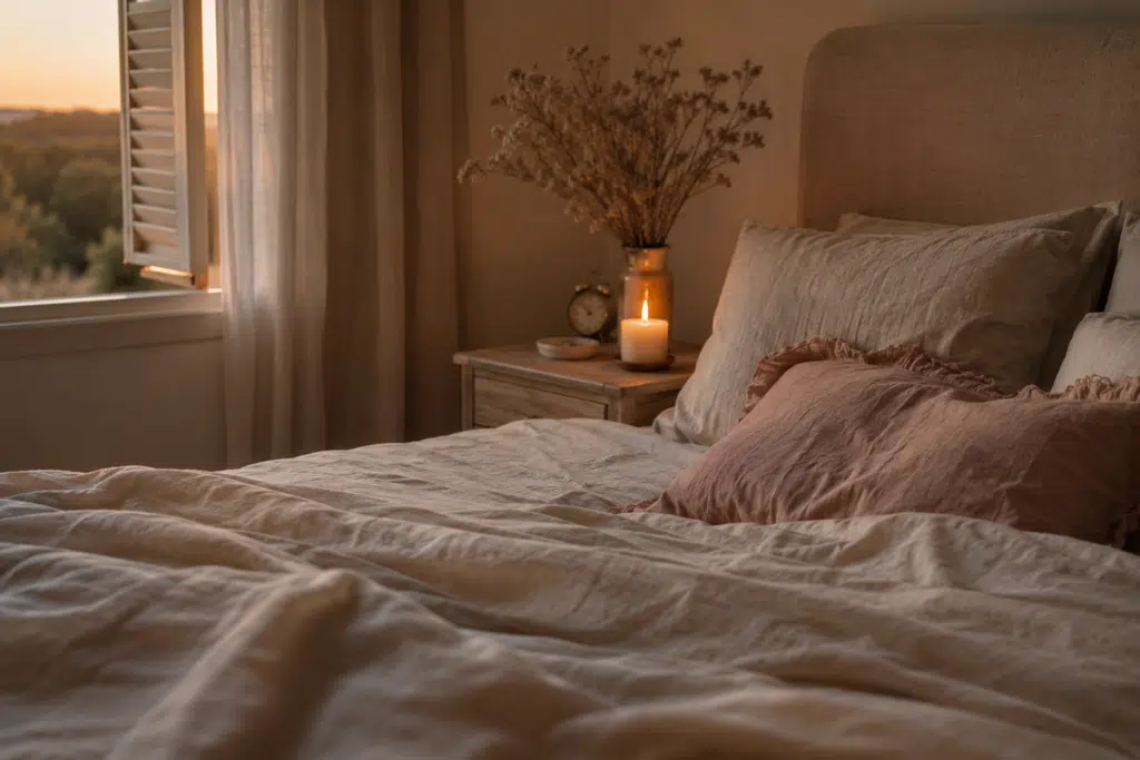 Chambre baignée d'une lumière douce de fin d'été, propice au recalage du rythme de sommeil avant la rentrée