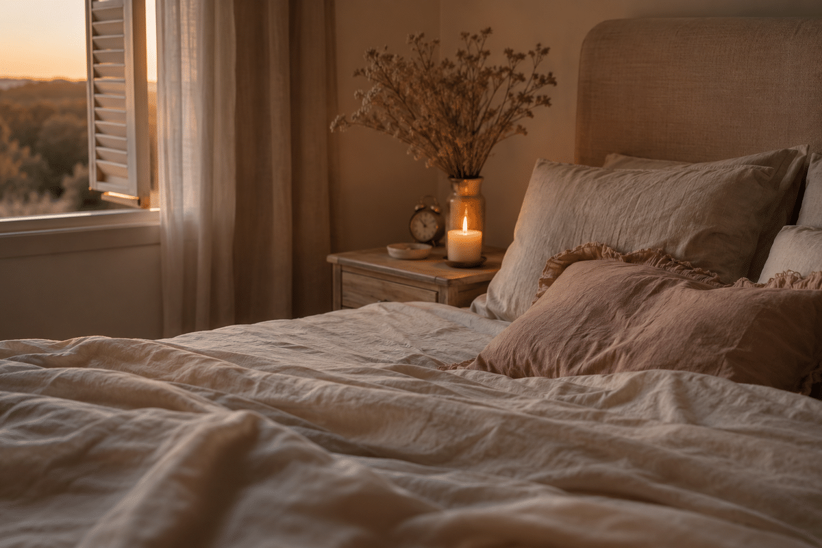 Chambre baignée d'une lumière douce de fin d'été, propice au recalage du rythme de sommeil avant la rentrée