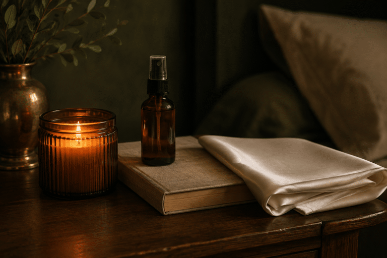 Bougie allumée et brume d'oreiller sur une table de nuit, rituel du soir qui ancre le nouvel horaire de coucher