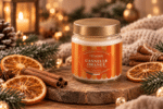 Bougie parfumée Cannelle Orange L'Échoppe Buissonnière dans un pot en verre avec couvercle métal et étiquette hiver métallisée