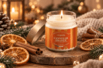 Bougie parfumée Cannelle Orange L'Échoppe Buissonnière allumée sur un plan en bois avec des bâtons de cannelle et des tranches d'orange séchée