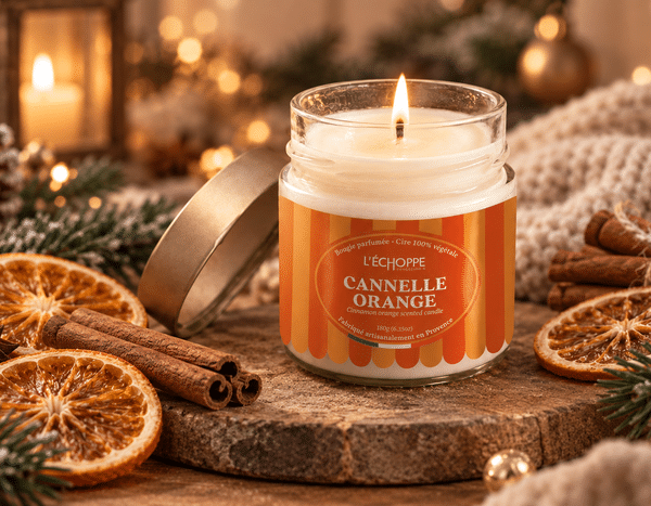 Bougie parfumée Cannelle Orange L'Échoppe Buissonnière allumée sur un plan en bois avec des bâtons de cannelle et des tranches d'orange séchée