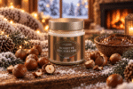 Bougie parfumée Noisette Gourmande L'Échoppe Buissonnière dans un pot en verre avec couvercle métal et étiquette hiver métallisée