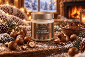 Bougie parfumée Noisette Gourmande L'Échoppe Buissonnière dans un pot en verre avec couvercle métal et étiquette hiver métallisée