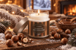 Bougie parfumée Noisette Gourmande L'Échoppe Buissonnière allumée sur un plan en bois avec des noisettes entières et concassées
