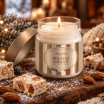Bougie parfumée Nougat Grillé L'Échoppe Buissonnière allumée sur un plan en bois avec des amandes et des morceaux de nougat