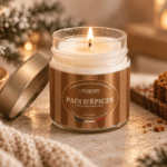 Bougie parfumée Pain d'Épices L'Échoppe Buissonnière allumée sur un plan en bois avec des bâtons de cannelle et de l'anis étoilé