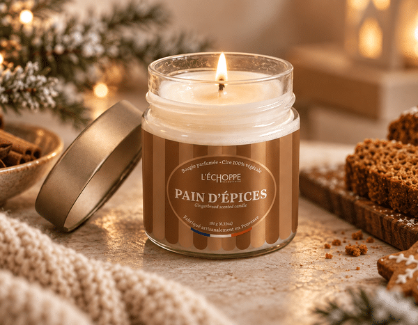 Bougie parfumée Pain d'Épices L'Échoppe Buissonnière allumée sur un plan en bois avec des bâtons de cannelle et de l'anis étoilé