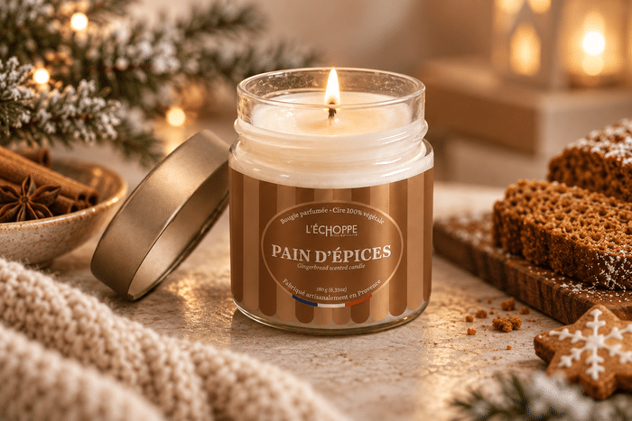 Bougie parfumée Pain d'Épices L'Échoppe Buissonnière allumée sur un plan en bois avec des bâtons de cannelle et de l'anis étoilé