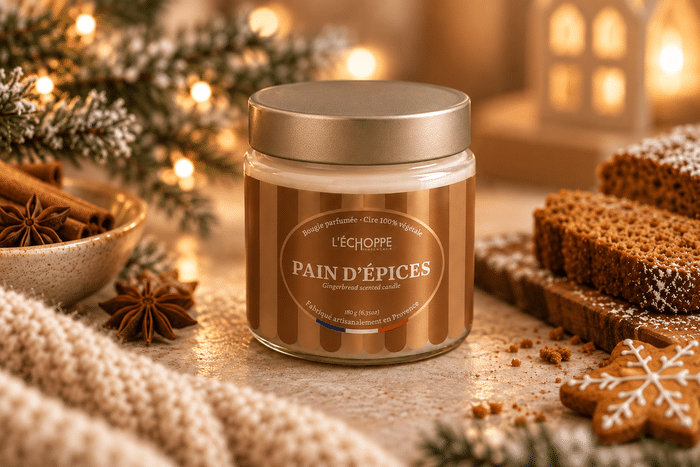 Bougie parfumée Pain d'Épices L'Échoppe Buissonnière dans un pot en verre avec couvercle métal et étiquette hiver métallisée
