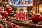 Bougie parfumée Pomme d'Amour L'Échoppe Buissonnière dans un pot en verre avec couvercle métal et étiquette hiver métallisée