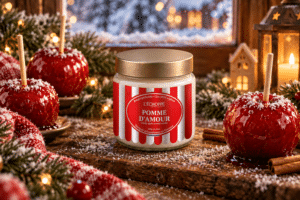 Bougie parfumée Pomme d'Amour L'Échoppe Buissonnière dans un pot en verre avec couvercle métal et étiquette hiver métallisée