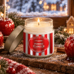 Bougie parfumée Pomme d'Amour L'Échoppe Buissonnière allumée sur un plan en bois avec des pommes rouges et des éclats de caramel
