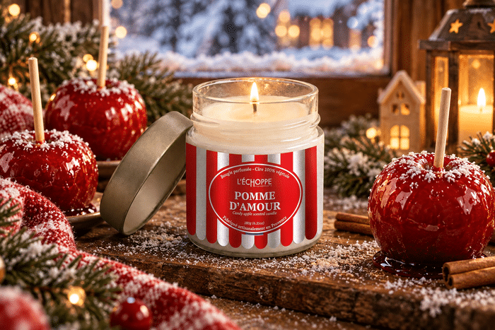 Bougie parfumée pomme d'amour échoppe buissonnière allumée Bougie parfumée Pomme d'Amour L'Échoppe Buissonnière allumée sur un plan en bois avec des pommes rouges et des éclats de caramel