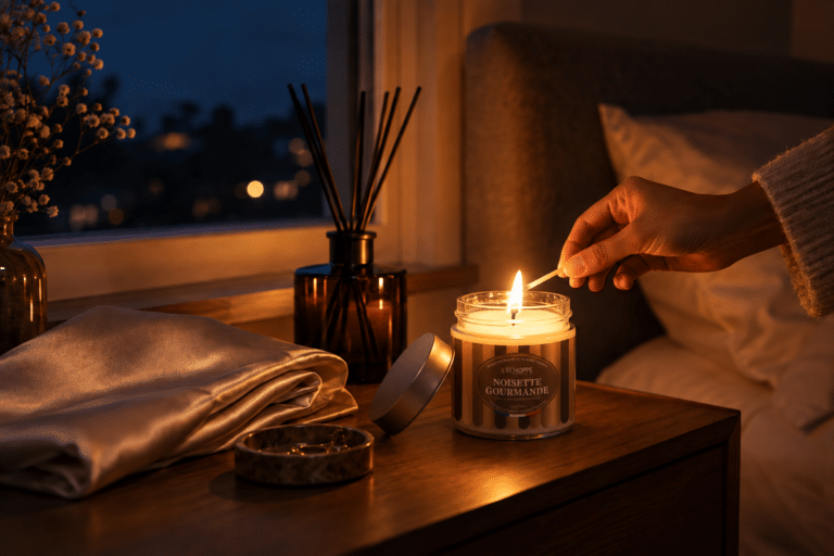 Main allumant une bougie parfumée sur une table de chevet, rituel du soir pour l'heure d'hiver