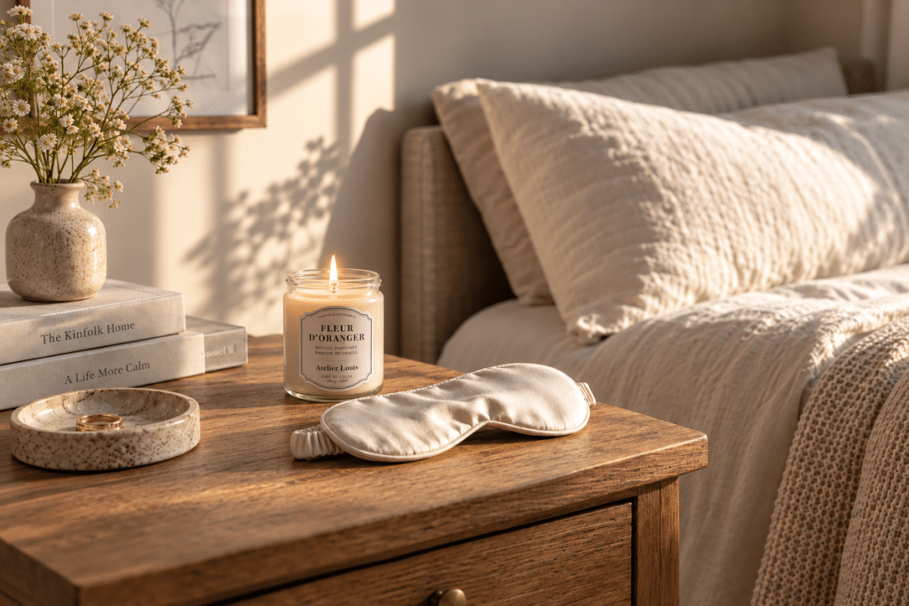 Cadeau pour quelqu'un qui dort mal : masque de nuit et bougie sur une table de chevet