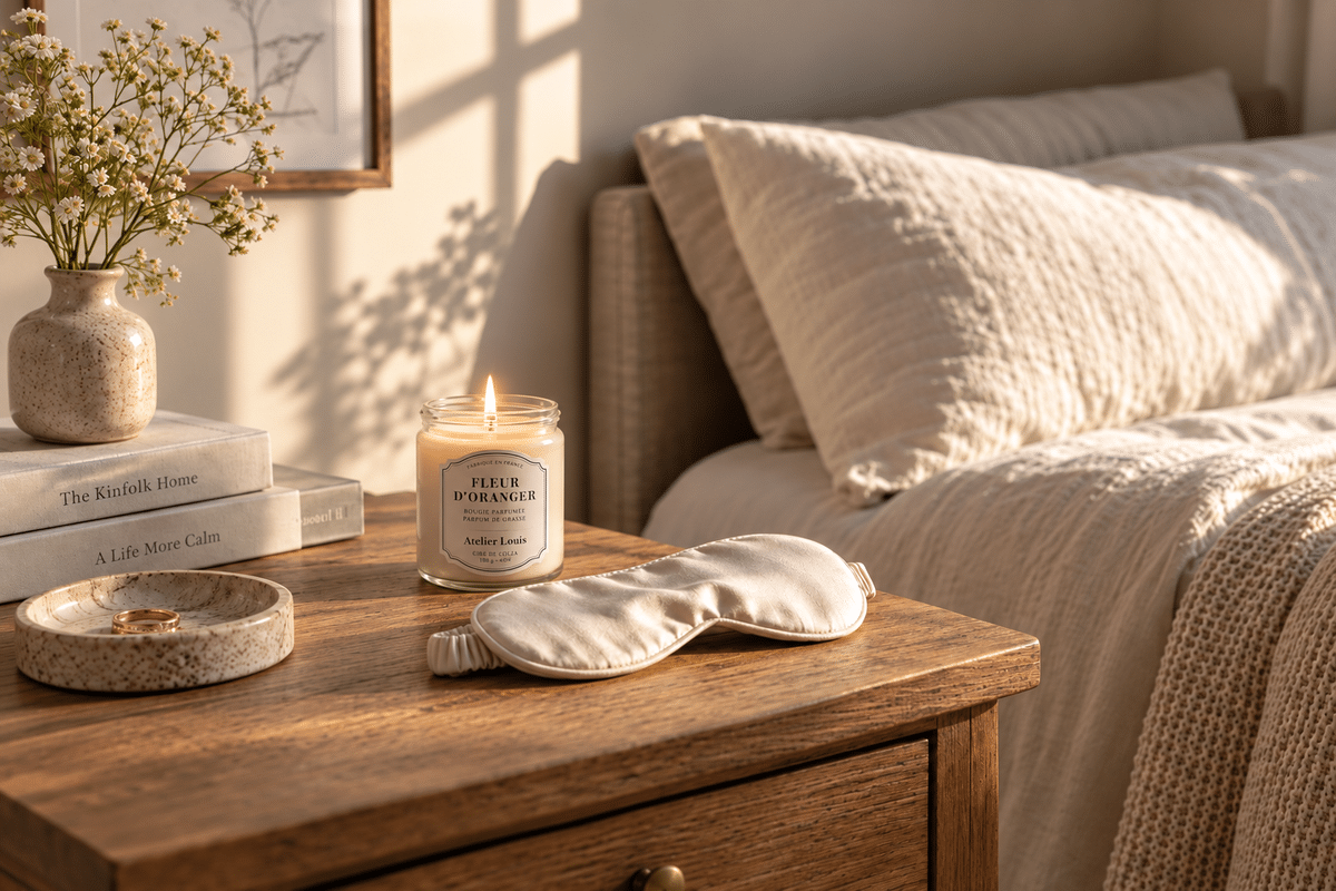 Cadeau pour quelqu'un qui dort mal : masque de nuit et bougie sur une table de chevet