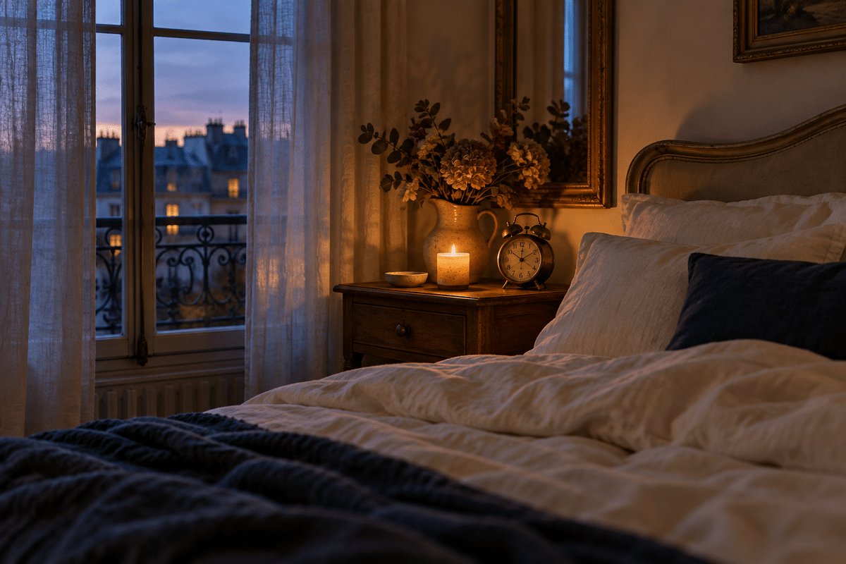 Chambre au crépuscule avec réveil ancien et bougie allumée, pour préparer le changement d'heure et le sommeil
