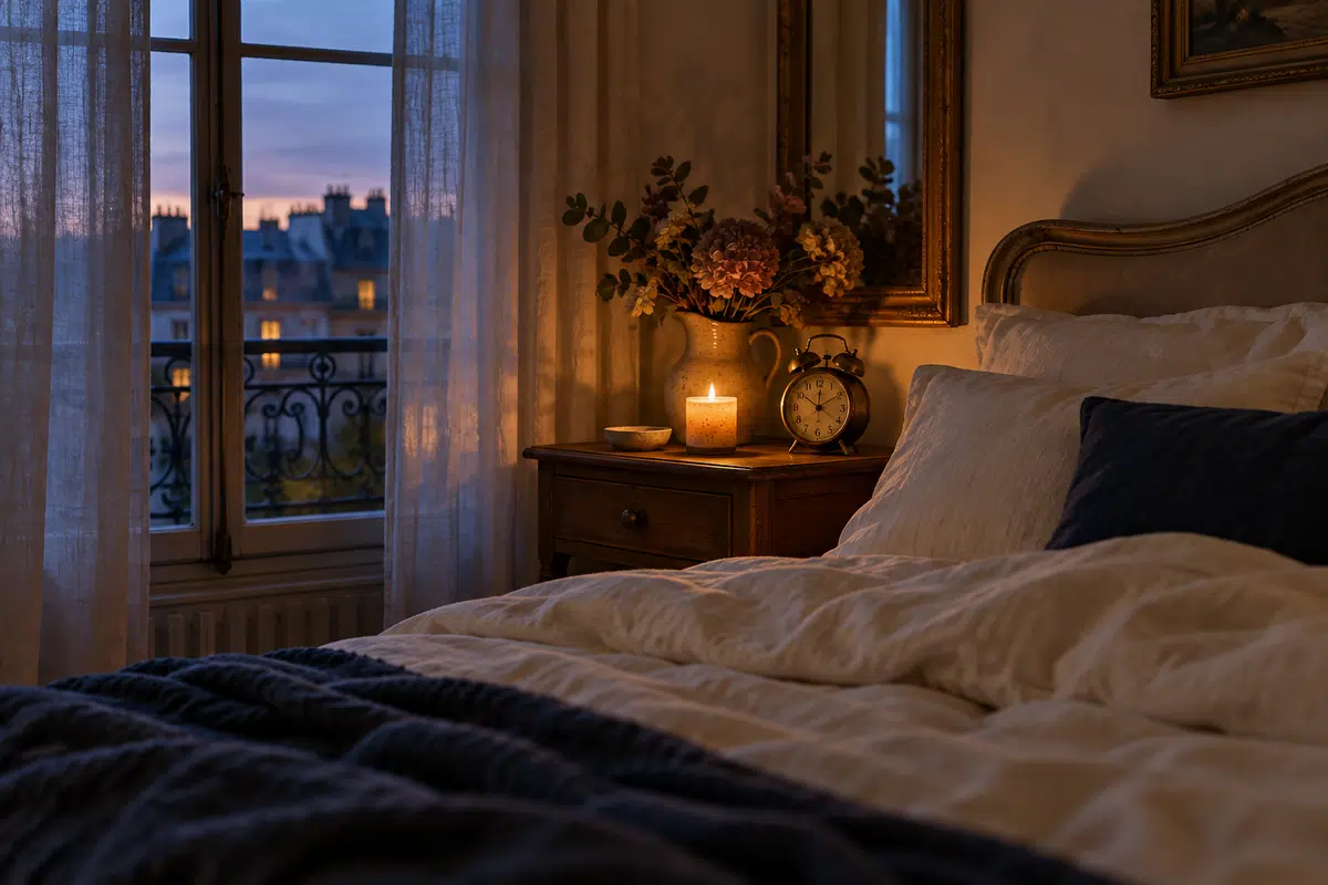 Chambre au crépuscule avec réveil ancien et bougie allumée, pour préparer le changement d'heure et le sommeil