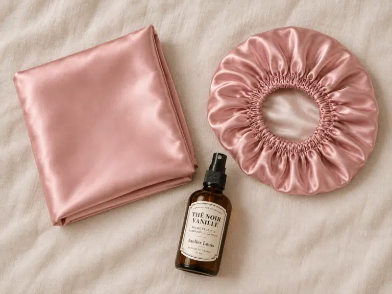 Bonnet de nuit en satin, taie d'oreiller et brume réunis en idée cadeau sommeil
