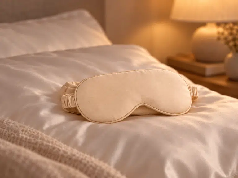 Masque de nuit en bambou posé sur une taie en satin
